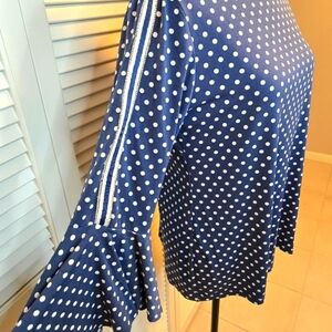 Coco Bianco Sz Md Blue Polka Dot 3/4 Flutter Bell Sleeve Silver Stripe Sleeve